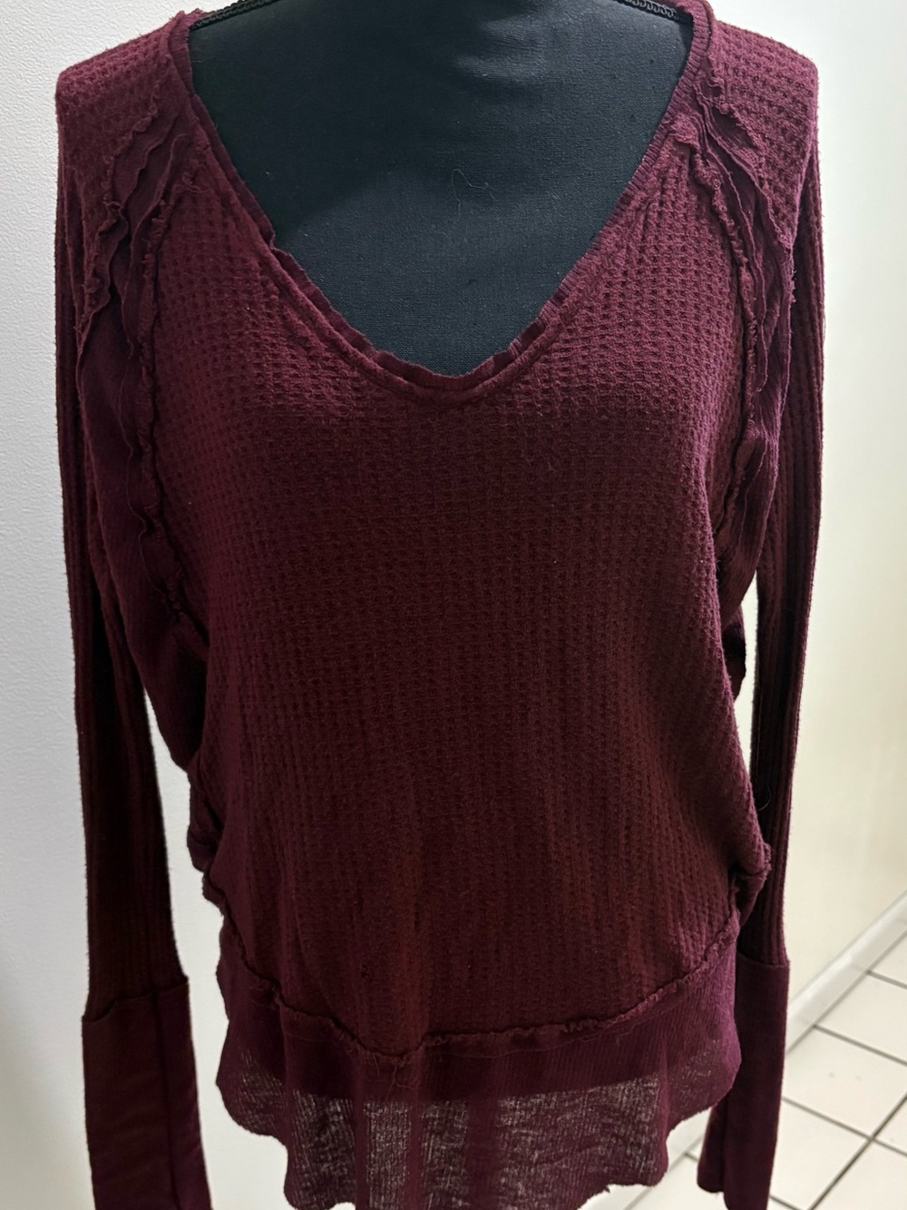 We The Free Burgundy V-Neck Waffle Knit Pullover